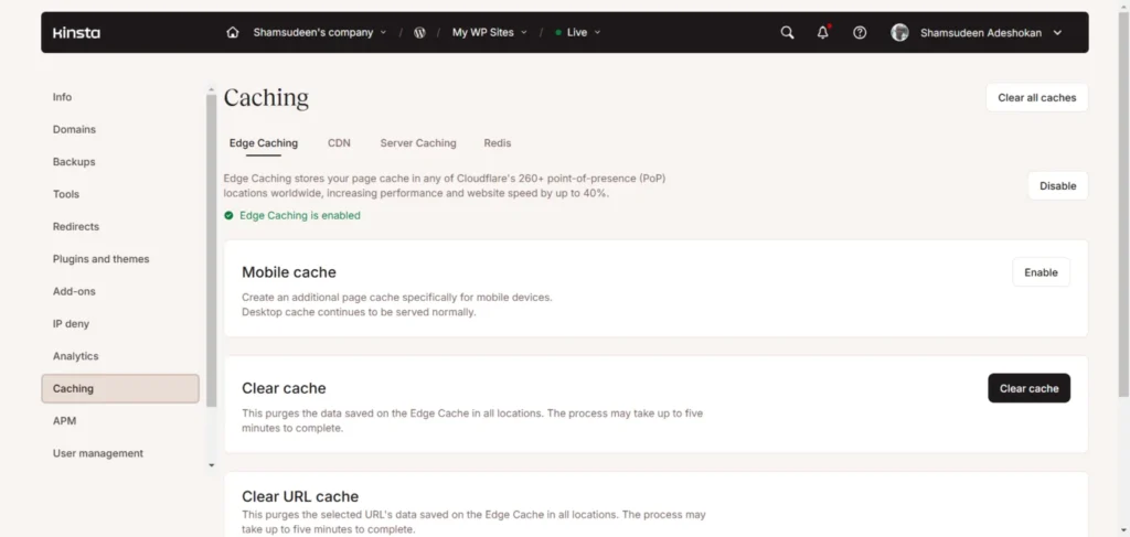 Kinsta caching dashboard showing edge caching enabled, mobile cache option, and cache clearing settings.