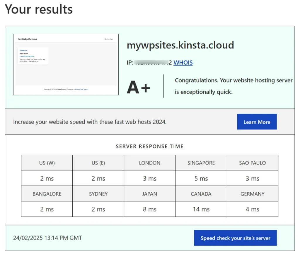 Kinsta hosting server speed test result showing A+ rating, fast response times, and global server latency data.