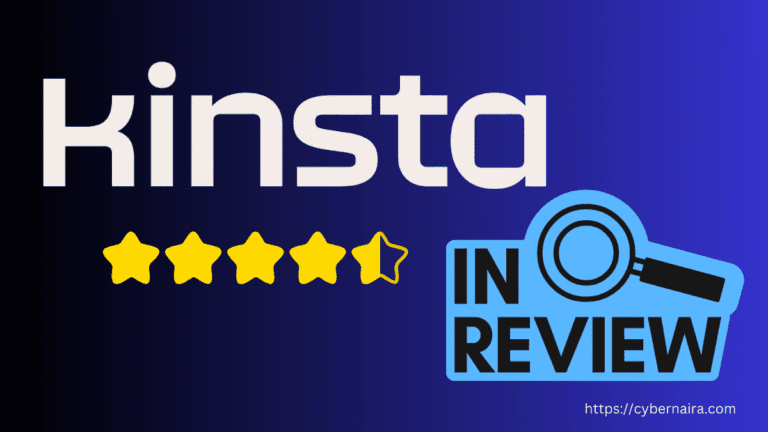 Kinsta WordPress hosting review graphic with star rating and “in review” badge.
