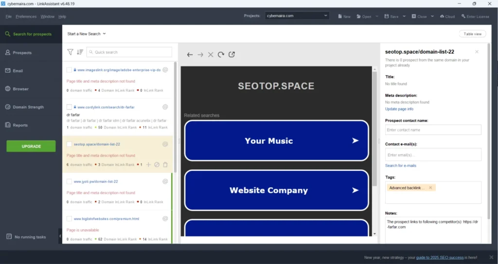 SEO PowerSuite LinkAssistant interface showing backlink prospect search results, domain metrics, and contact details for link building outreach.