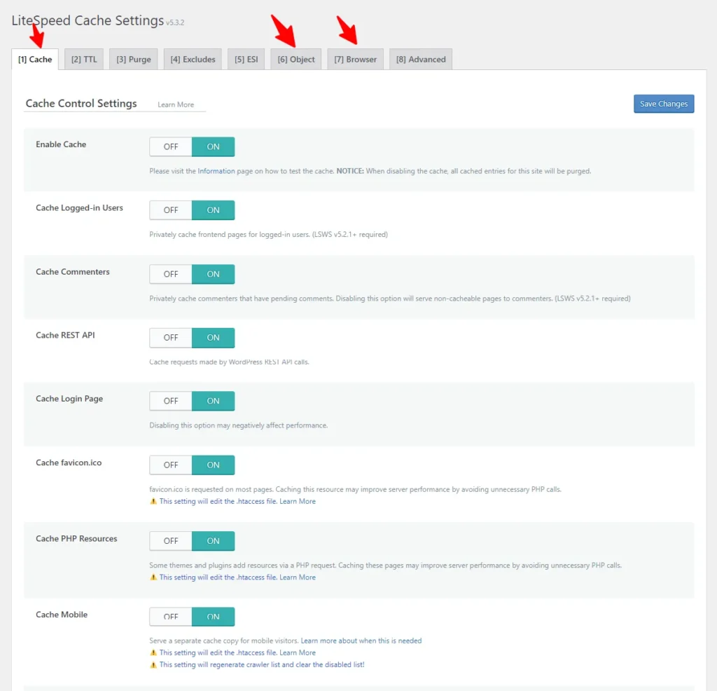LiteSpeed Cache settings page in WordPress showing cache control options and tabs like cache, object, and browser.