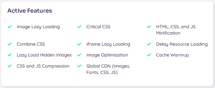 NitroPack dashboard showing active optimization features such as image lazy loading, critical CSS, minification, CDN, and cache warmup.