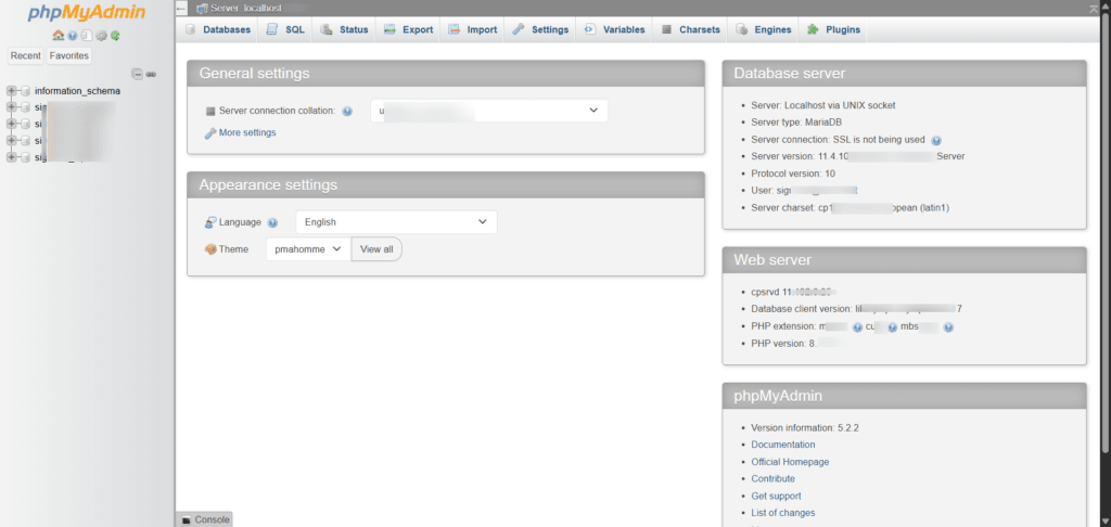 phpmyadmin database management phpMyAdmin interface showing general and appearance settings alongside MariaDB server and web server connection details.