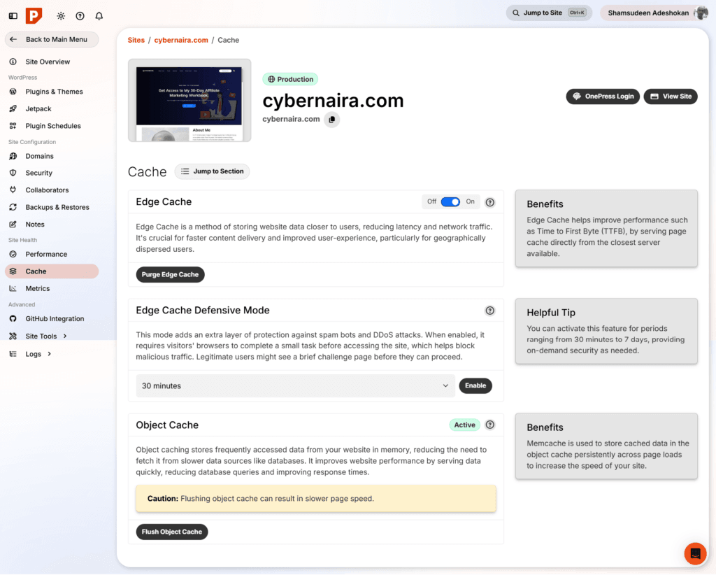 pressable cache settings optimization dashboard Pressable dashboard cache settings page showing options for Edge Cache, Edge Cache Defensive Mode, and Object Cache for the website cybernaira.com.