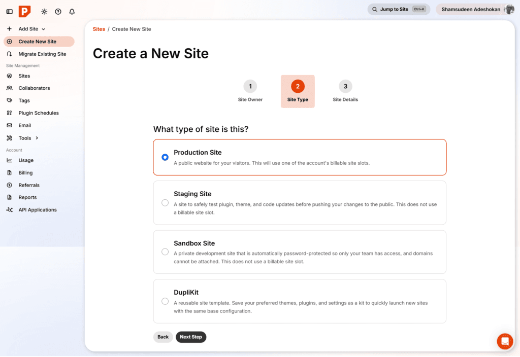 pressable site creation options site type selection Pressable interface for creating a new site showing selection options for Production Site, Staging Site, Sandbox Site, and DupliKit.