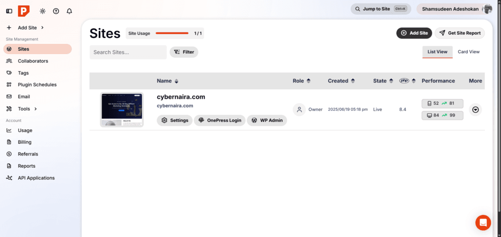 pressable site management dashboard Pressable dashboard showing site management tools and performance metrics for cybernaira.com.