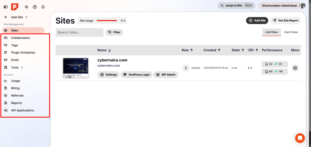 pressable site management dashboard navigation menu Pressable site management dashboard sidebar menu showing options for Sites, Collaborators, Tags, Plugin Schedules, Email, Tools, Usage, Billing, Referrals, Reports, and API Applications.