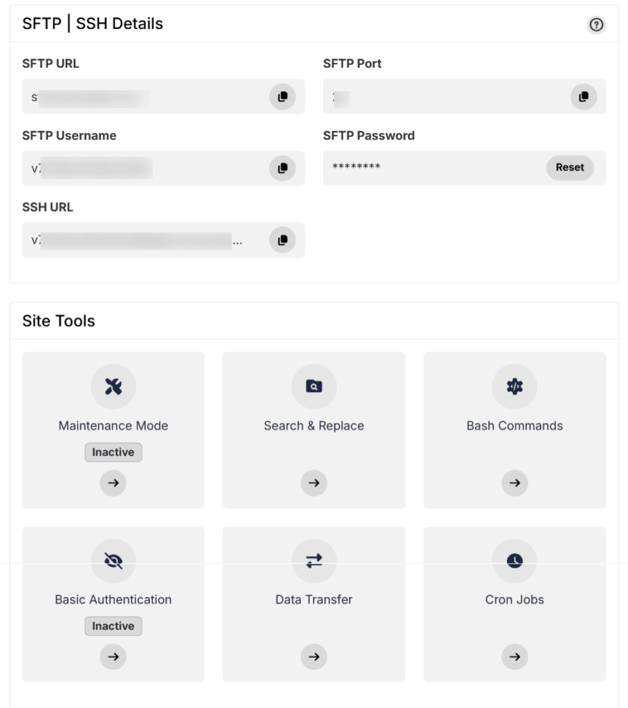 pressable site tools sftp ssh credentials Pressable dashboard Site Tools page showing SFTP and SSH credentials alongside icons for Maintenance Mode, Search and Replace, Bash Commands, Basic Authentication, Data Transfer, and Cron Jobs.