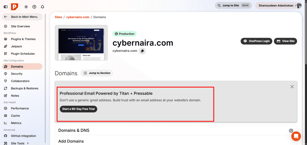 pressable titan email trial offer Pressable dashboard domains page featuring a promotional banner for Professional Email powered by Titan and a 90-day free trial button.