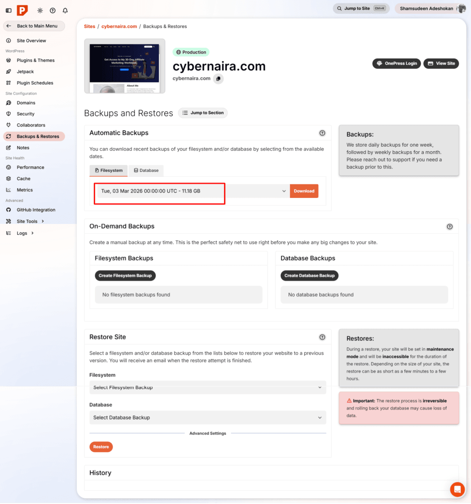 pressable website backups and restoration management Pressable dashboard Backups and Restores page showing automatic backup for March 3, 2026, and options for manual backups and site restoration.