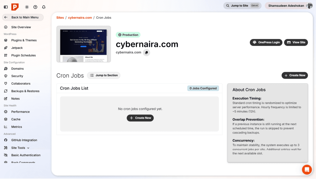 pressable website cron jobs management Pressable dashboard Cron Jobs page showing a list of configured jobs and information regarding execution timing, overlap prevention, and concurrency.