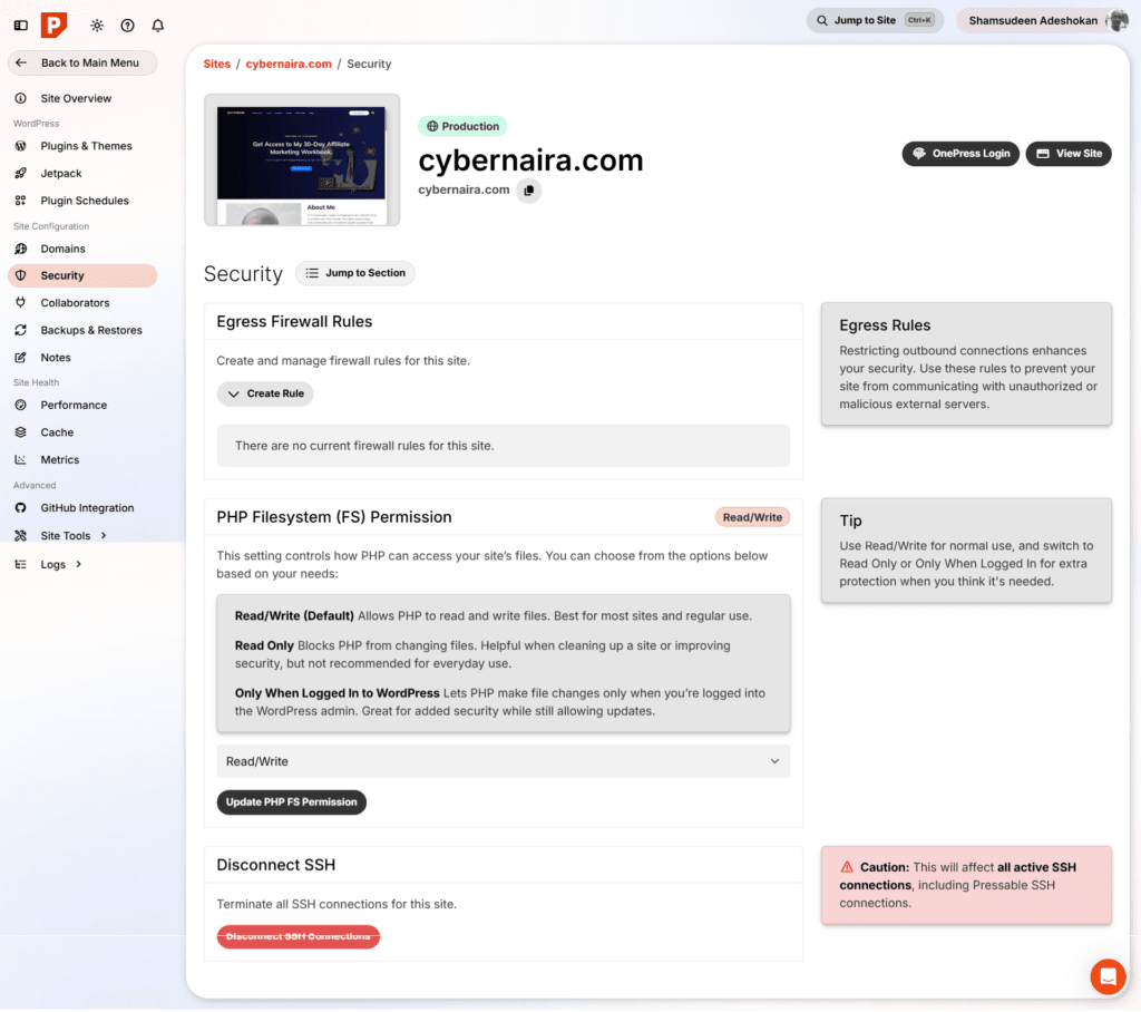 pressable website security management tools Pressable dashboard security page showing options for Egress Firewall Rules, PHP Filesystem Permission settings, and Disconnect SSH button for the website cybernaira.com.
