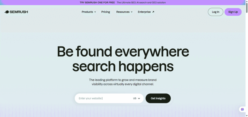 Semrush homepage showing SEO platform for improving brand visibility and search presence across digital channels.