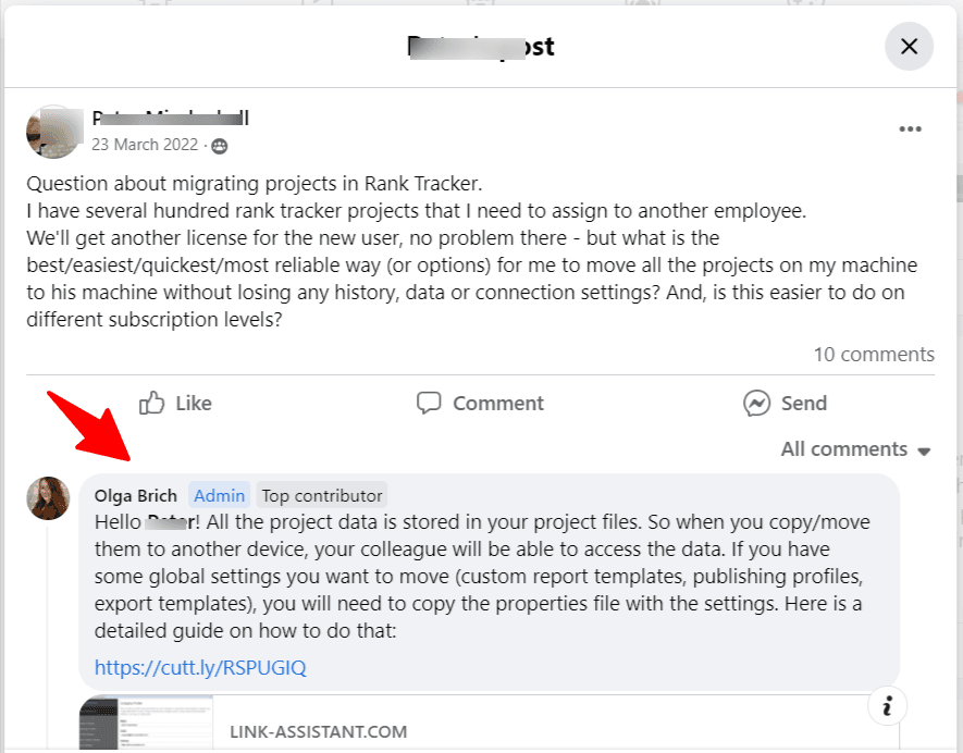 A Facebook group post and response regarding migrating SEO PowerSuite Rank Tracker projects between machines, where an admin explains that project data is stored in project files and global settings require copying the properties file.
