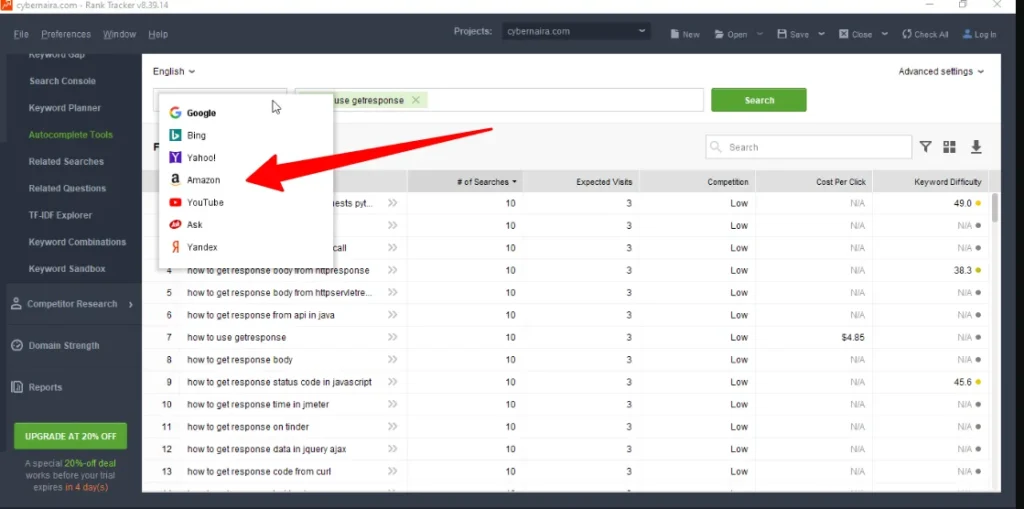 SEO PowerSuite Rank Tracker Autocomplete Tools interface showing keyword suggestions for "use getresponse" with a dropdown menu featuring search engines like Google, Bing, Yahoo!, and Amazon.