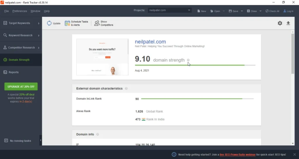 SEO PowerSuite Rank Tracker Domain Strength interface for neilpatel.com showing a domain strength score of 9.10, along with external characteristics like a Domain InLink Rank of 90 and Alexa Rank metrics.