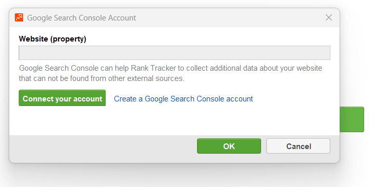 Google Search Console Account connection modal in SEO PowerSuite Rank Tracker featuring a website property field and a green Connect your account button.