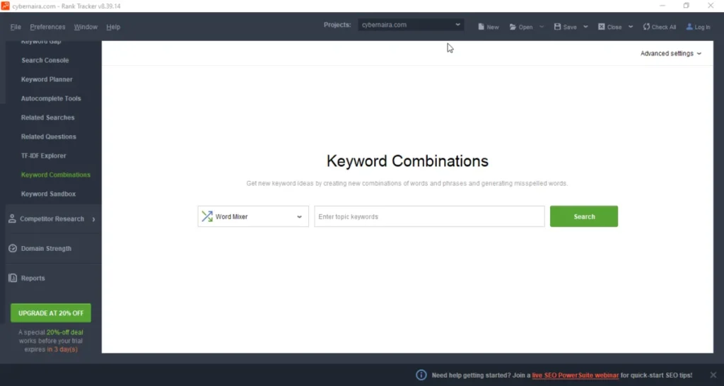 SEO PowerSuite Rank Tracker Keyword Combinations interface featuring the "Word Mixer" tool designed to generate new keyword ideas by combining phrases and creating misspelled variations.