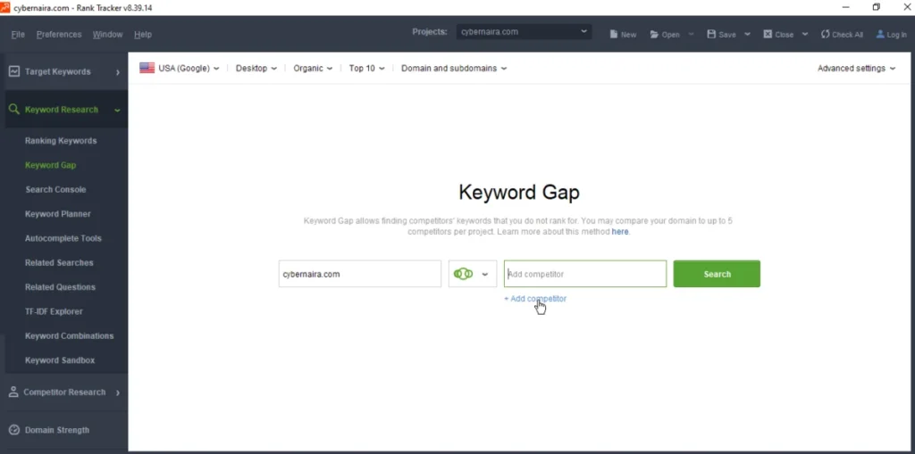 SEO PowerSuite Rank Tracker Keyword Gap interface showing a tool to find competitors' keywords that a website does not rank for, with a field to add up to 5 competitors per project.