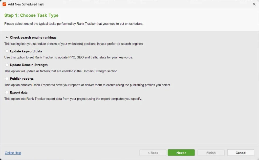SEO PowerSuite Rank Tracker scheduled task setup window showing options to check search engine rankings, update keyword data, publish reports, and export data automatically.
