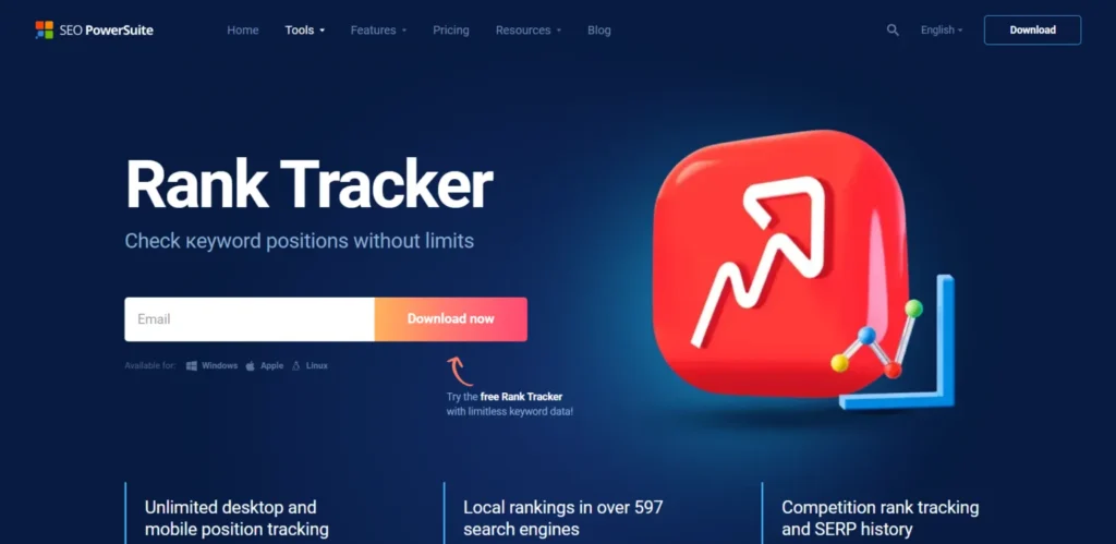 SEO PowerSuite Rank Tracker homepage showcasing unlimited keyword position checking and local ranking features.