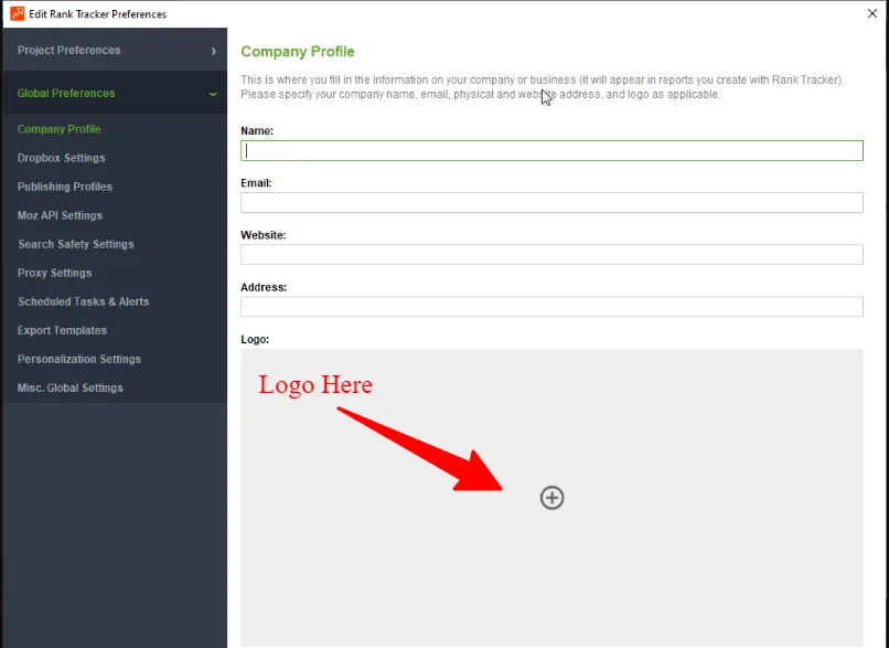 SEO PowerSuite Rank Tracker Company Profile settings interface within Global Preferences, showing form fields for business name, email, website, and physical address, with a red arrow pointing to the logo upload area.