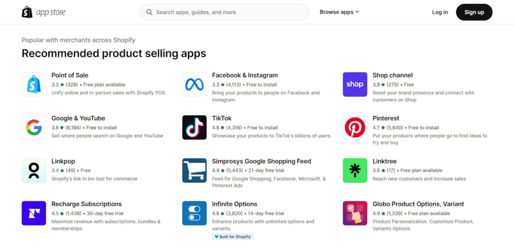 Shopify App Store page showing recommended product selling apps like Google & YouTube, TikTok, Pinterest, Facebook & Instagram, and Recharge Subscriptions.