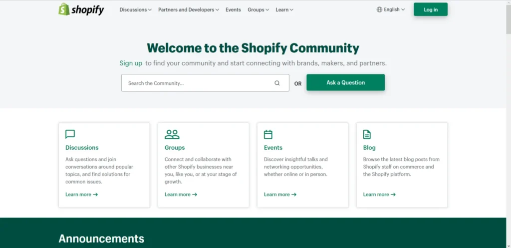 Shopify Community homepage showing discussions, groups, events, and blog sections with search bar and ask a question button.