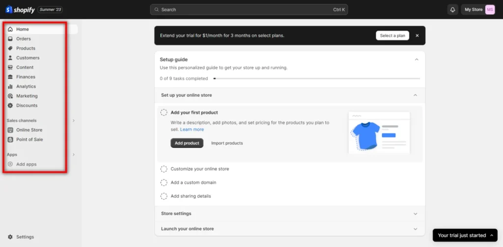 Shopify dashboard sidebar navigation showing menu options like Home, Orders, Products, Customers, Analytics, Marketing, Discounts, Online Store, and Apps.