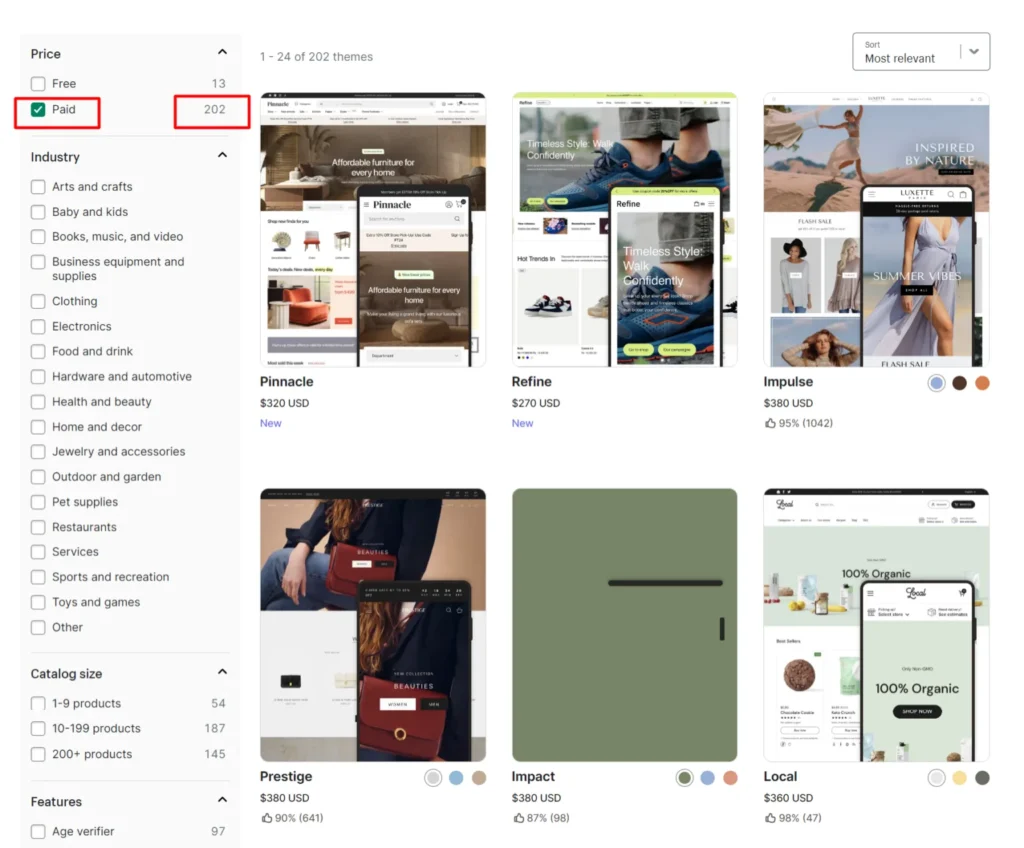 Shopify theme store filtered to show 202 paid themes including examples like Pinnacle, Refine, Impulse, Prestige, Impact, and Local.