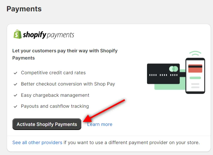Shopify Payments setup page showing benefits like competitive credit card rates and button to activate Shopify Payments.