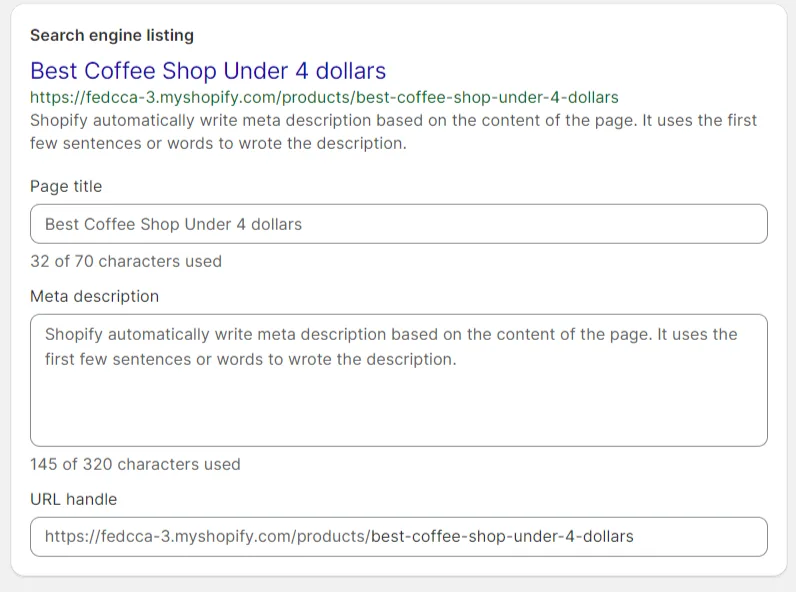 Shopify search engine listing preview showing page title, meta description, and URL handle settings for product SEO.