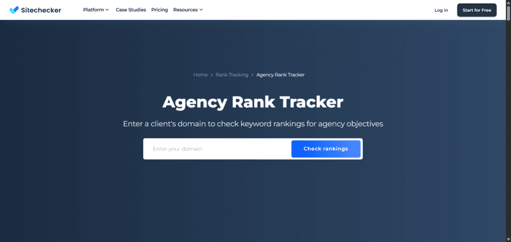 Sitechecker agency rank tracker tool allowing users to enter a client domain to check keyword rankings for agency objectives.