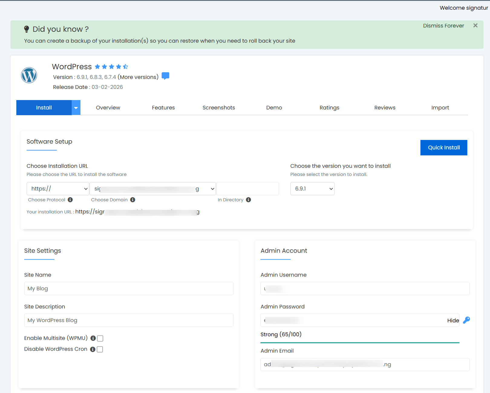 Softaculous WordPress installation interface showing software setup, site settings, and admin account configuration fields.