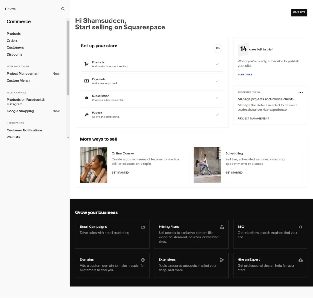 Squarespace Commerce dashboard showing store setup checklist, products, payments, subscription options, and marketing tools.