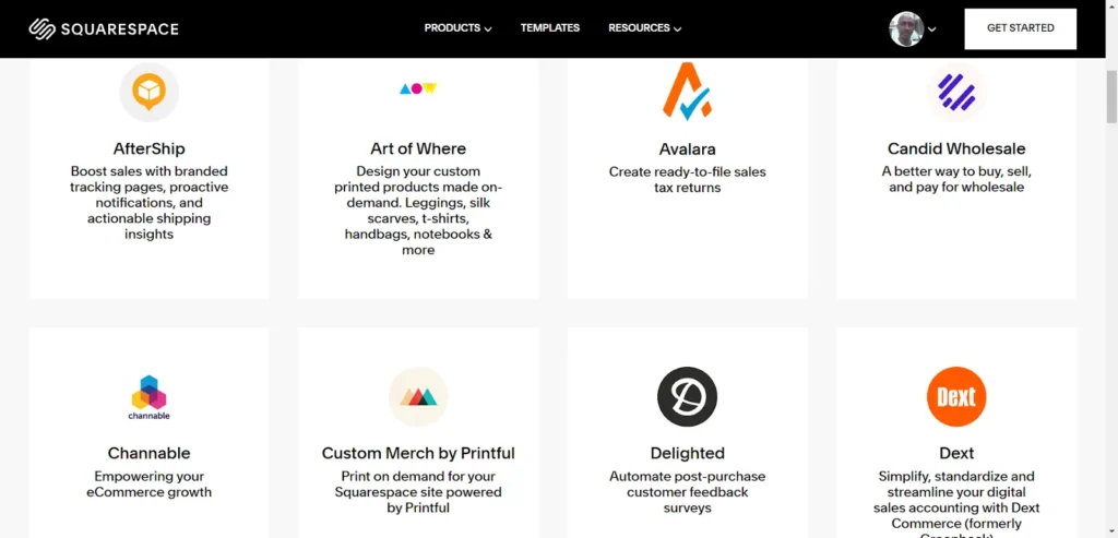 Squarespace extensions marketplace showing third-party integrations like AfterShip, Printful, Avalara, Delighted, and Candid Wholesale.