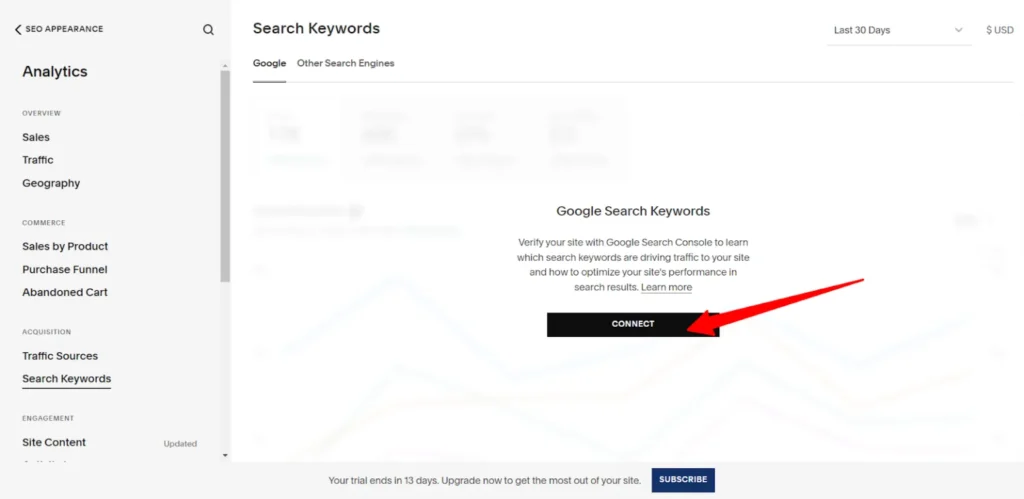 Squarespace analytics search keywords page showing option to connect Google Search Console to track search performance.