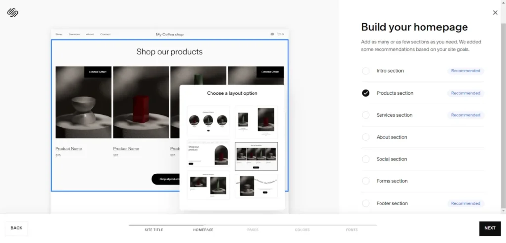 Squarespace homepage builder showing product section layout options and recommended page sections like intro, services, and footer.