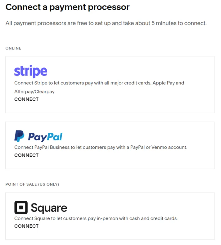 Squarespace payment processor setup page showing options to connect Stripe, PayPal, and Square for online payments.
