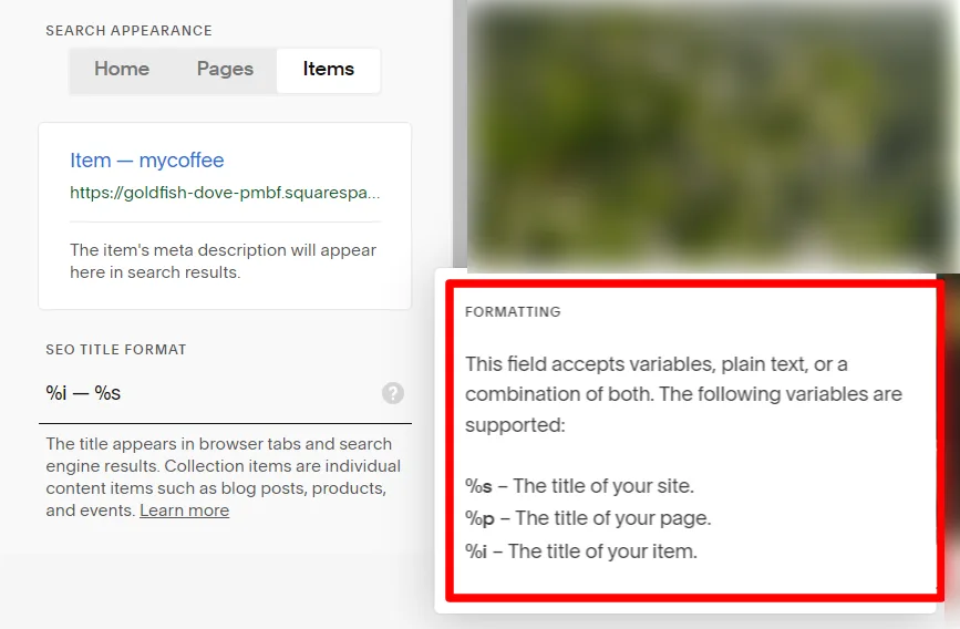 Squarespace SEO title format settings showing variables for site title, page title, and item title in search appearance.