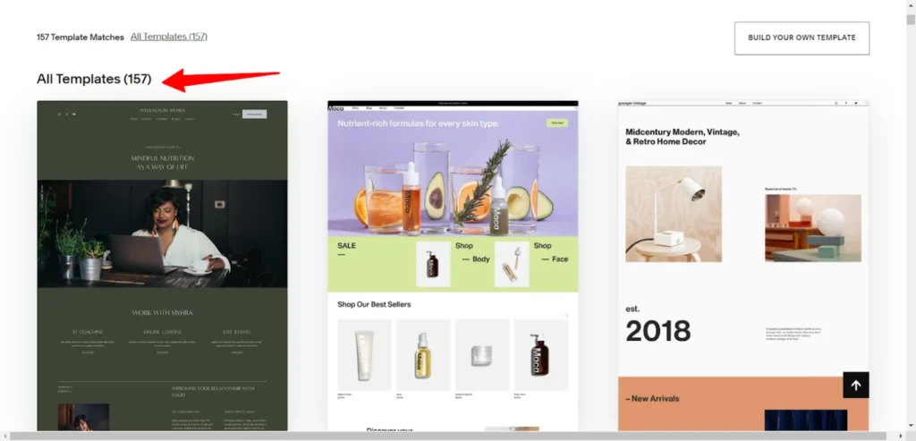 Squarespace template library page displaying 157 website templates for different industries and design styles.