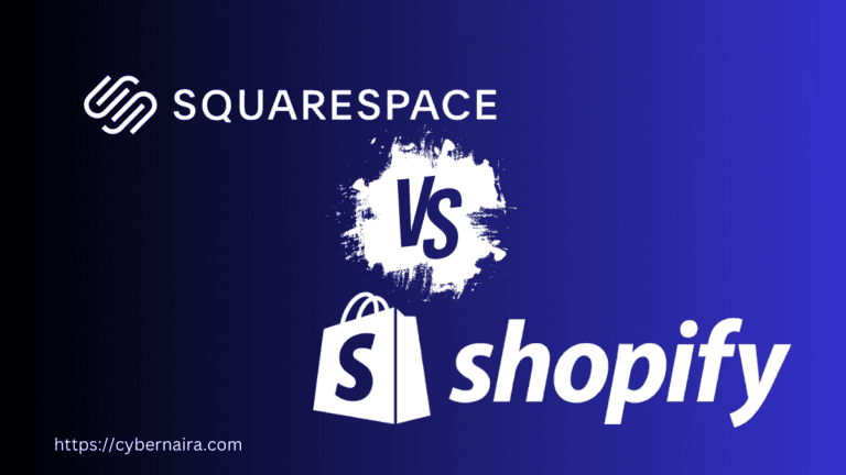 Squarespace vs Shopify comparison graphic showing both platform logos with a VS symbol on a gradient background.