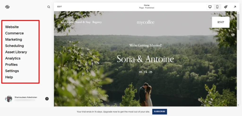 Squarespace dashboard interface showing website management menu options including Website, Commerce, Marketing, Scheduling, Analytics, and Settings.