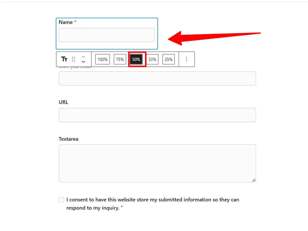 SureForms form builder showing field width set to 50 percent for layout adjustment in Gutenberg editor.