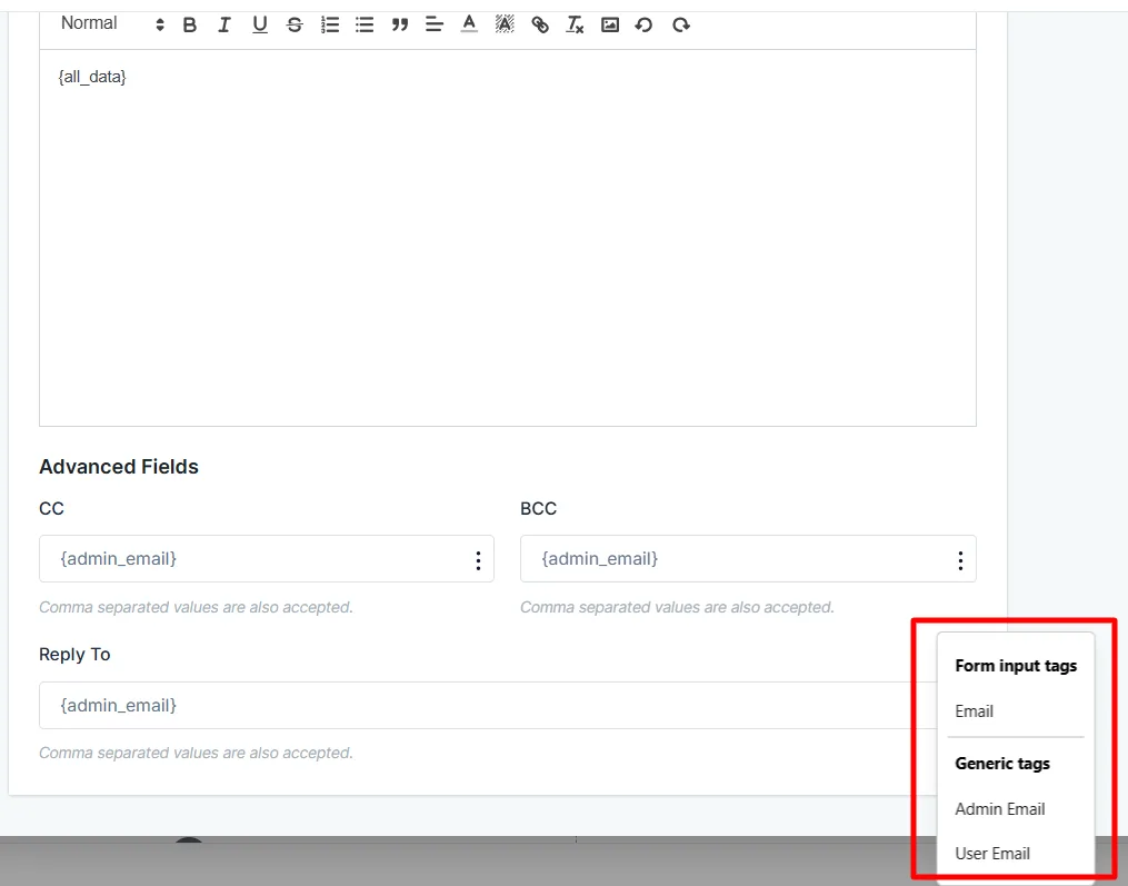 SureForms email notification advanced fields showing CC, BCC, reply-to settings and form input tags in WordPress.