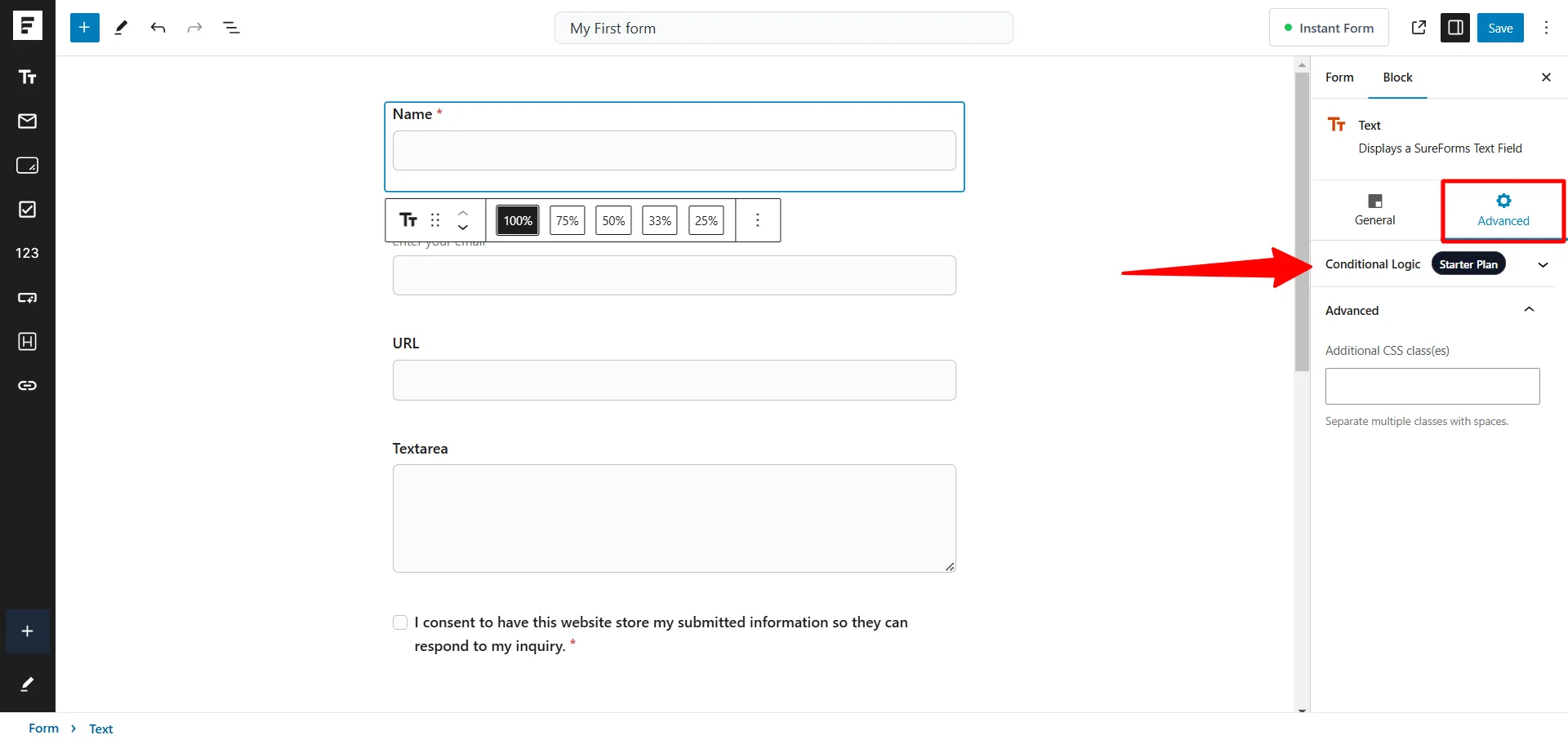 SureForms Advanced tab settings showing conditional logic locked under Starter Plan in Gutenberg editor.