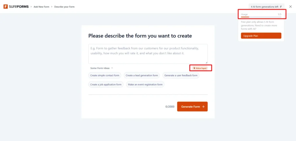 SureForms AI form generator page showing form description input, voice input option, and usage limit for free plan.