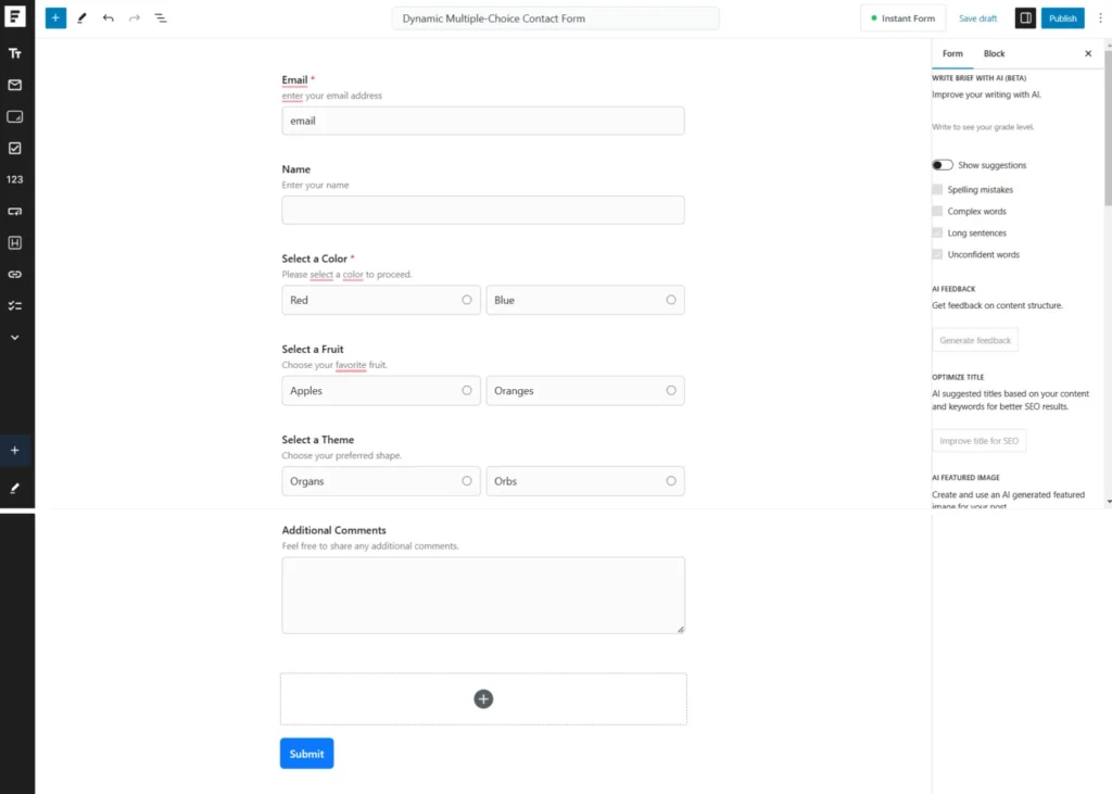 SureForms AI-generated form in Gutenberg editor showing multiple choice fields, text inputs, and submit button.