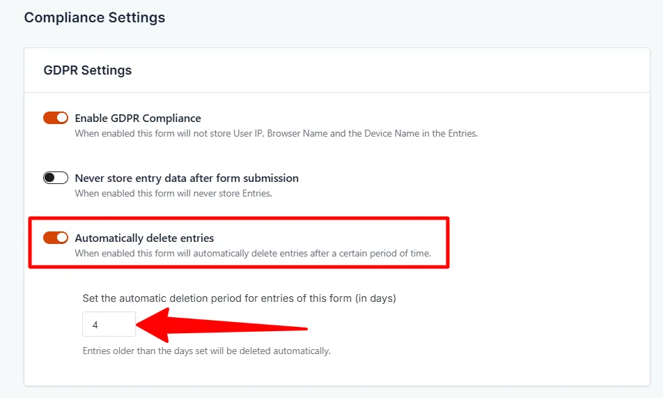 SureForms GDPR settings showing automatic deletion of form entries with custom retention period in days.