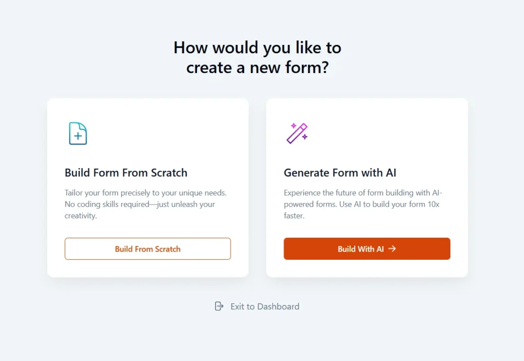 SureForms create new form screen showing options to build a form from scratch or generate a form with AI.